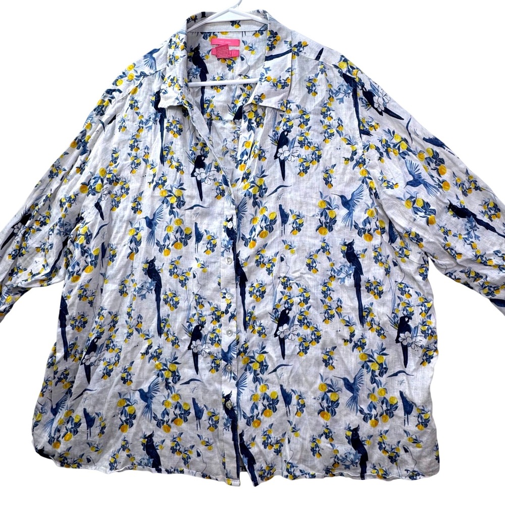 Isaac Mizrahi Button Up Shirt Womens 3X Linen Tropical Bird Fruit Print Coastal